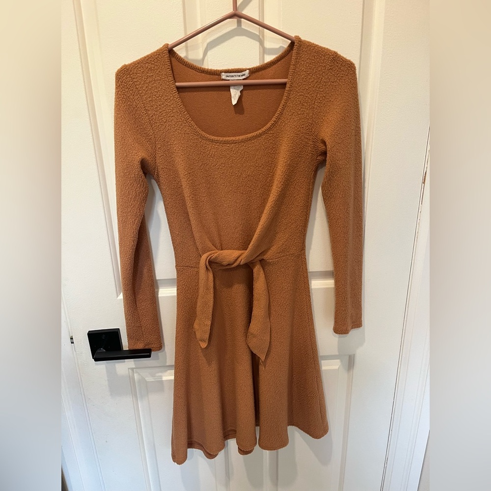 Elegant Tan Long-Sleeve Dress Caution to the Wind